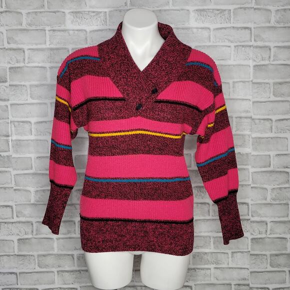 VTG 90s Gitano Knit Pink Striped V-Neck Sweater, sz Medium - Picture 1 of 5
